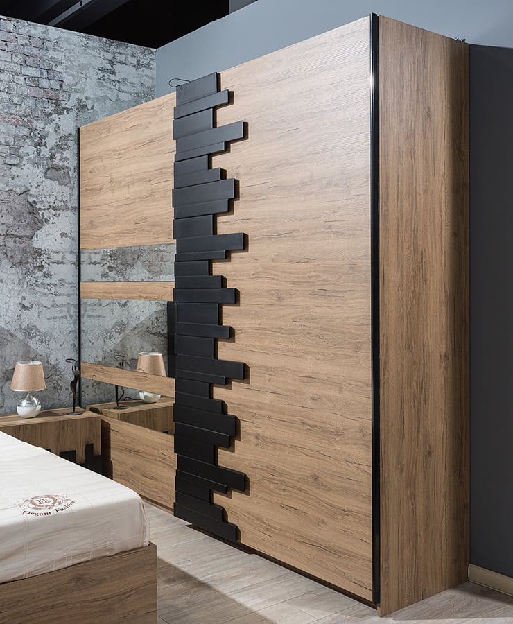 Dormitor Mozart, sonoma/negru, pat 160x200 cm, dulap cu 2 usi culisante, comoda, 2 noptiere-2