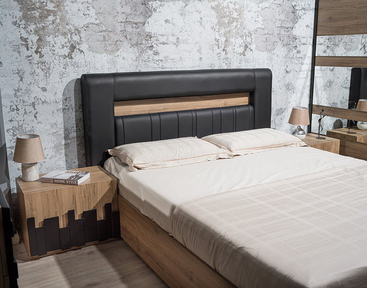 Dormitor Mozart, sonoma/negru, pat 160x200 cm, dulap cu 2 usi culisante, comoda, 2 noptiere