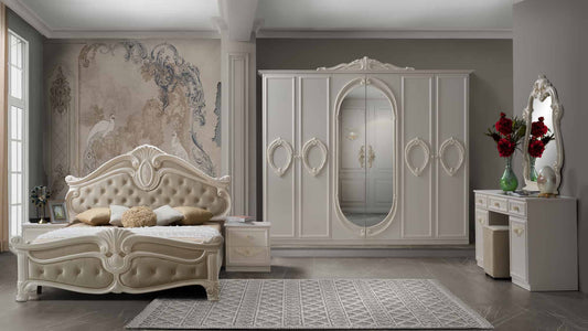 Dormitor Neli, crem, pat 160x200 cm, dulap cu 6 usi, comoda, 2 noptiere, somiera metalica si saltea incluse