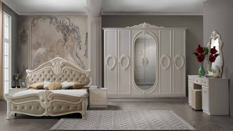 Dormitor Neli, crem, pat 160x200 cm, dulap cu 6 usi, comoda, 2 noptiere, somiera metalica si saltea incluse