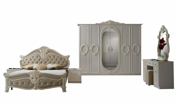 Dormitor Neli, crem, pat 160x200 cm, dulap cu 6 usi, comoda, 2 noptiere, somiera metalica si saltea incluse