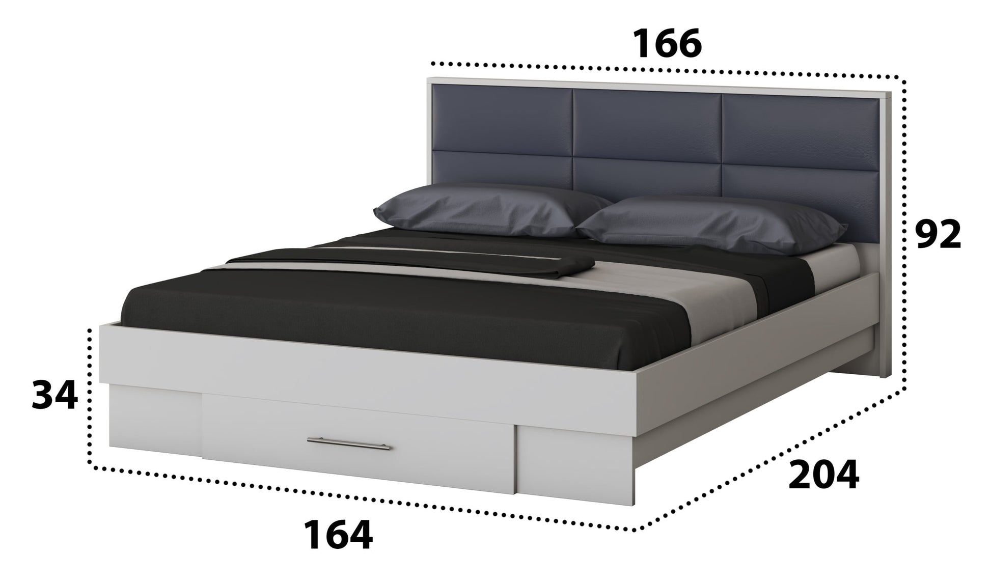 Dormitor Solano, alb, dulap 120 cm, pat cu tablie tapitata gri 160×200 cm, 2 noptiere, comoda - La Cucu