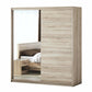 Dormitor Solano, sonoma, dulap 183 cm, pat cu tablie tapitata camel 160×200 cm, 2 noptiere, comoda - La Cucu