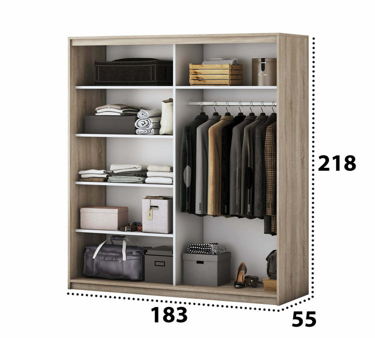 Dormitor Solano, sonoma, dulap 183 cm, pat cu tablie tapitata gri 160×200 cm, 2 noptiere, comoda - La Cucu