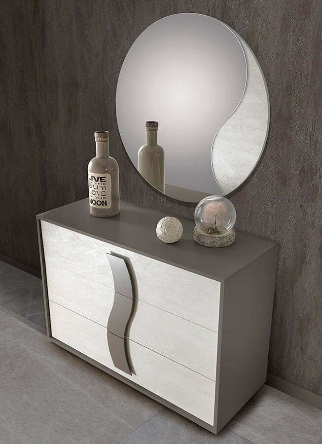 Dormitor Twin, alb/gri, pat 160x200 cm, dulap cu 2 usi culisante, 2 noptiere, comoda