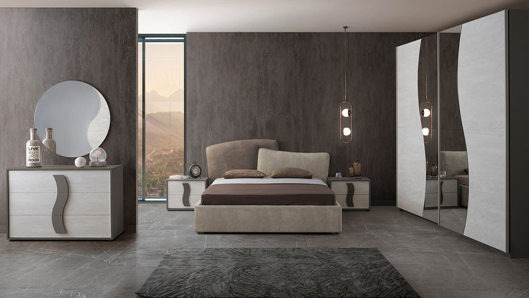 Dormitor Twin, alb/gri, pat 160x200 cm, dulap cu 2 usi culisante, 2 noptiere, comoda