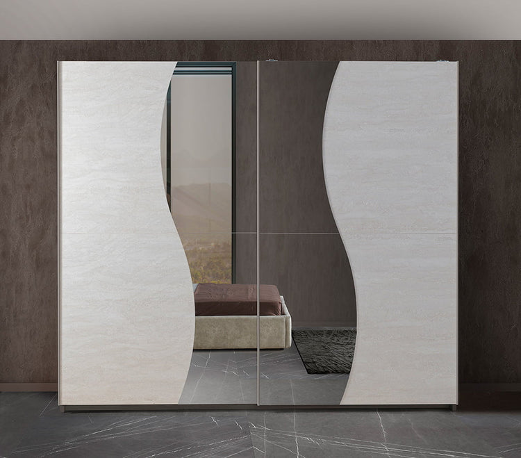 Dormitor Twin, alb/gri, pat 160x200 cm, dulap cu 2 usi culisante, 2 noptiere, comoda