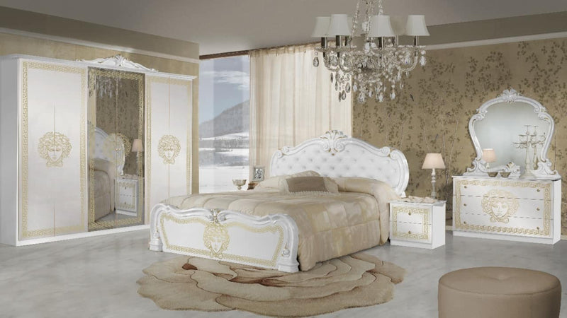 Dormitor Vilma Alb-Auriu, Dulap 261 cm, Pat 160x200 cm, 2 Noptiere, Comoda, somiera metalica si saltea incluse-1