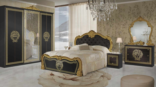 Dormitor Vilma Negru-Auriu, Dulap 261 cm, Pat 160x200 cm, 2 Noptiere, Comoda, somiera metalica si saltea incluse