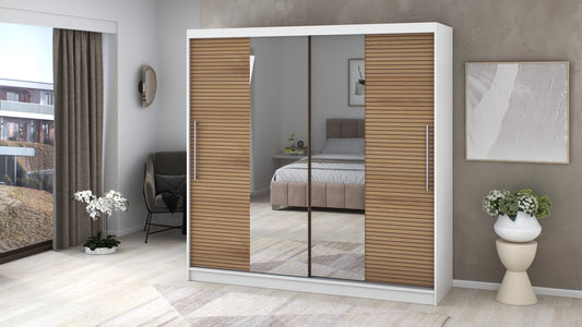 Dressing Rafi cu oglinda, 200x200x60 cm, alb/stejar