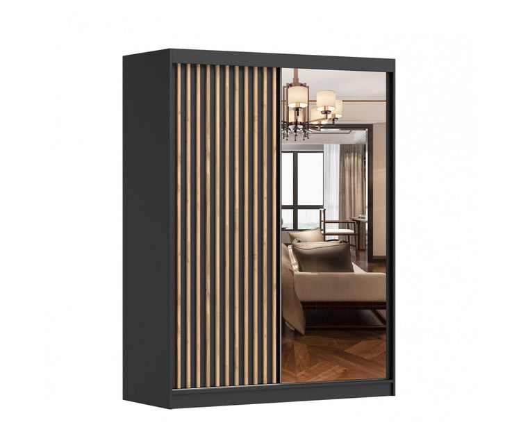 Dressing Gabriel sonoma/negru cu lamele artisan, cu oglinda, 150x200x61 cm