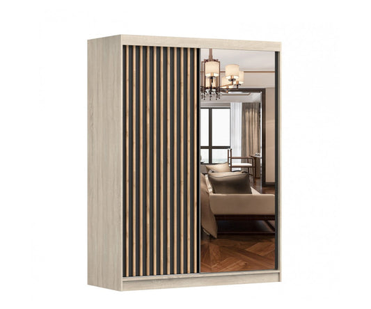 Dressing Gabriel sonoma/negru cu lamele artisan, cu oglinda, 150x200x61 cm