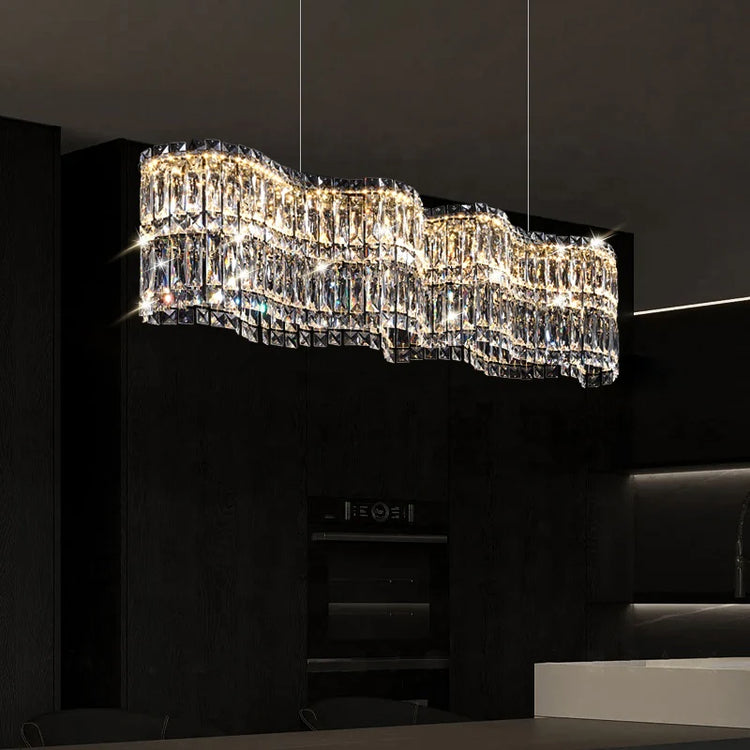 Candelabru Cristal LED cu Telecomanda WAVE Imperio, 81W, 100cm, Crom Lucios, Lumina Calda/Rece/Neutra, Inaltime Reglabila, Lumina Dimabila, Metal si Cristal