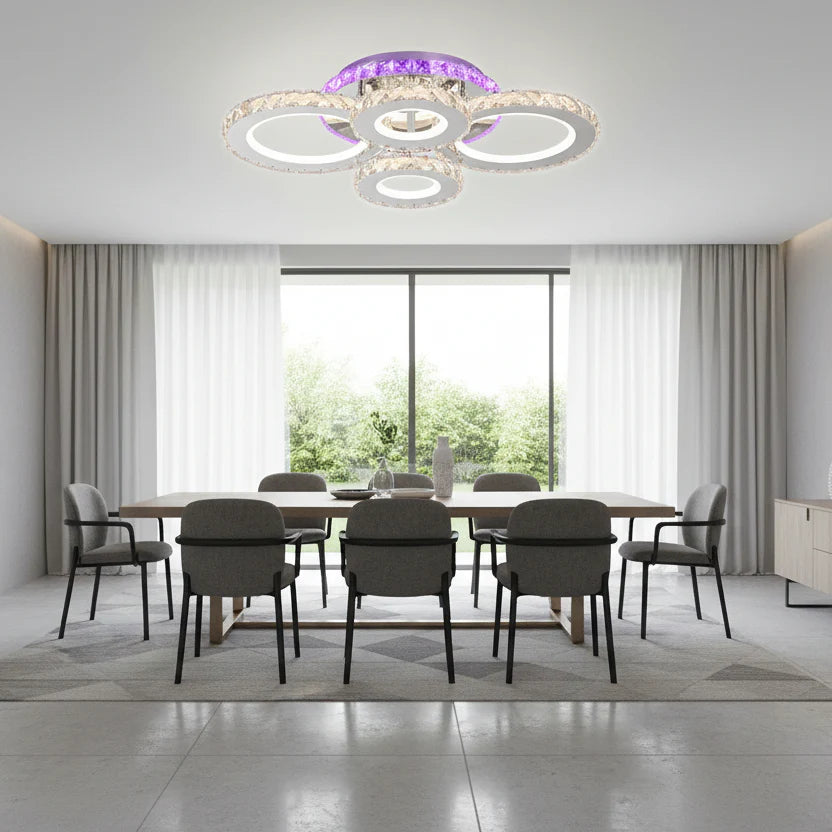 Lustra LED cu telecomanda si cristal NOVA ROTONDA RGB 82W, 4 Cercuri, lumina Rece/Calda/Neutra, Dimabila, Crom