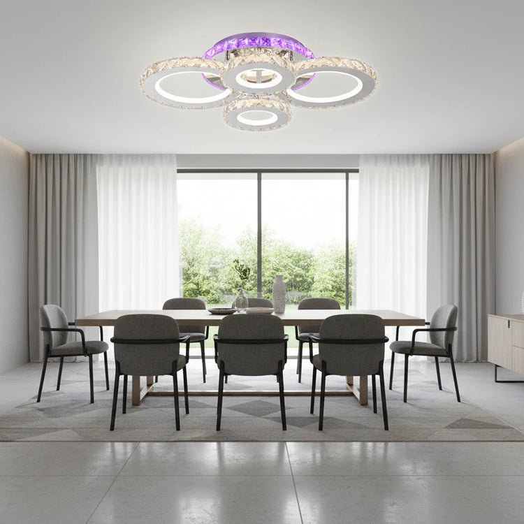 Lustra LED cu telecomanda si cristal NOVA ROTONDA RGB 82W, 4 Cercuri, lumina Rece/Calda/Neutra, Dimabila, Crom