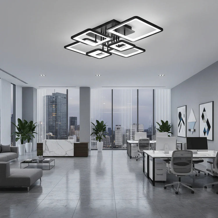 Lustra LED cu telecomanda ELLA 120W, 6 Patrate, lumina Rece/Calda/Neutra, Dimabila, Negru, Metal si Acril