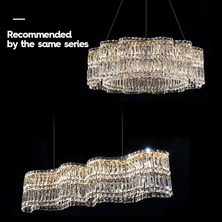 Candelabru Cristal LED cu Telecomanda WAVE Regalis, 52W, Lumina Calda/Rece/Neutra Inaltime Reglabila, Lumina Dimabila, Metal si Cristal