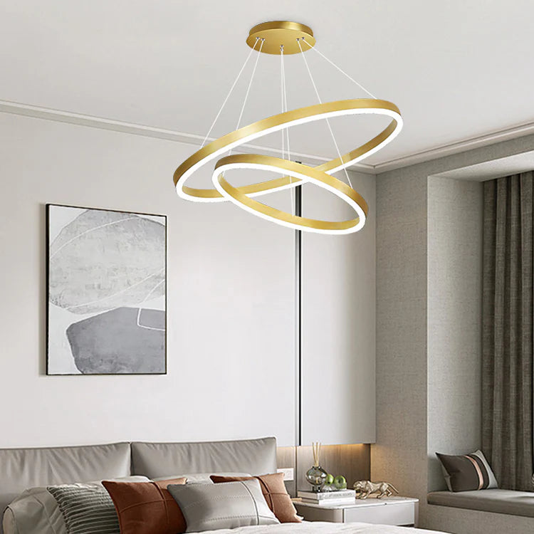 Lustra LED suspendata cu telecomanda CHRISTINE, 42W, 2 Cercuri, lumina Rece/Calda/Neutra, Dimabila, Auriu Lucios, Inaltime Reglabila