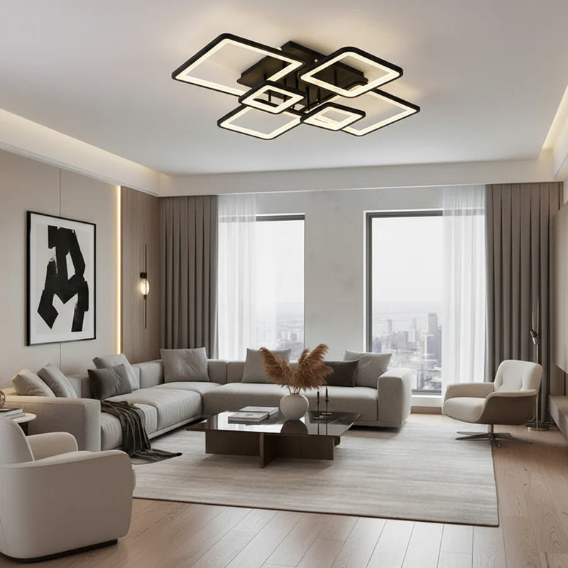 Lustra LED cu telecomanda ELLA 120W, 6 Patrate, lumina Rece/Calda/Neutra, Dimabila, Negru, Metal si Acril-1