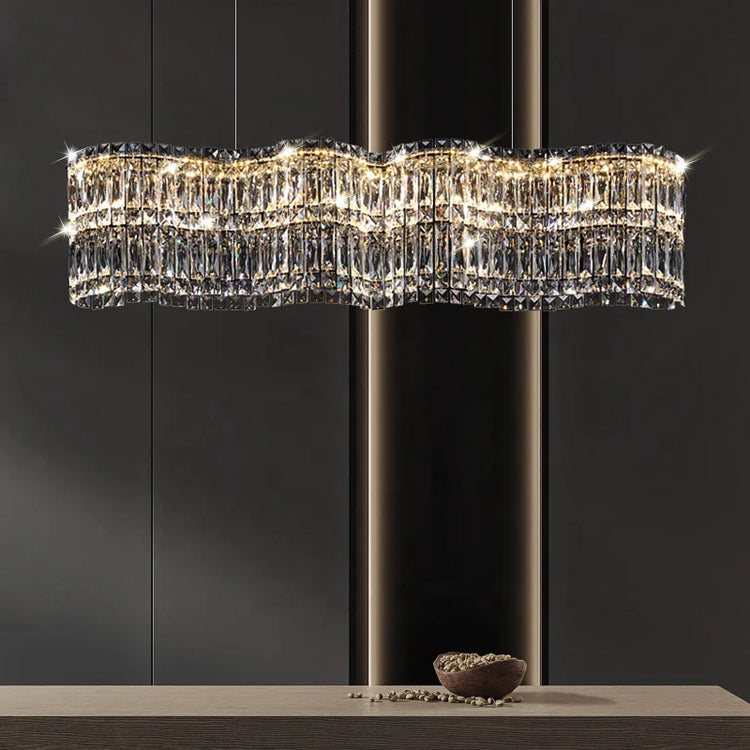 Candelabru Cristal LED cu Telecomanda WAVE Imperio, 81W, 100cm, Crom Lucios, Lumina Calda/Rece/Neutra, Inaltime Reglabila, Lumina Dimabila, Metal si Cristal
