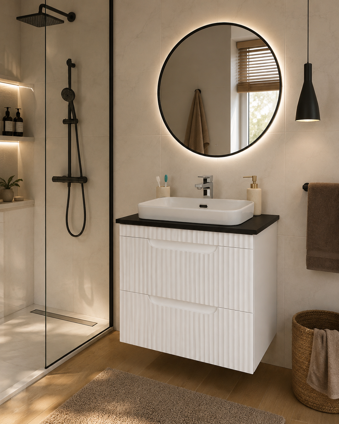 Seria 633 - Mobilier baie MDF cu blat compozit ceramica 60cm ALB + Lavoar Granit