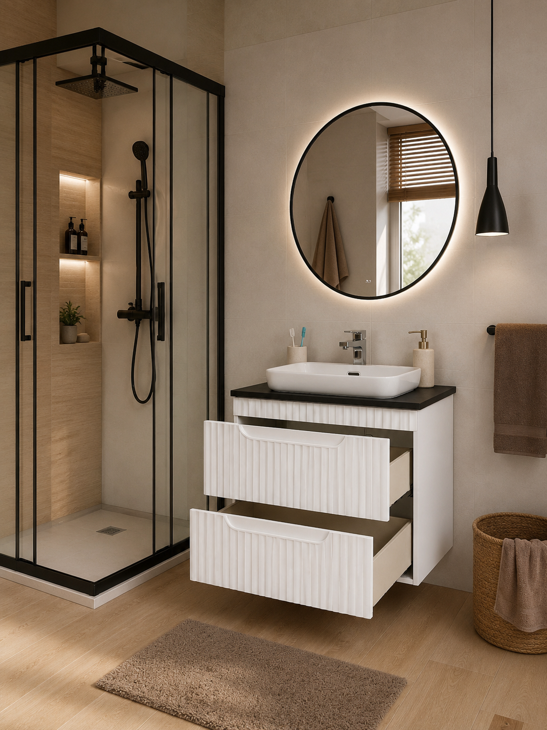 Seria 633 - Mobilier baie MDF cu blat compozit ceramica 60cm ALB + Lavoar Granit