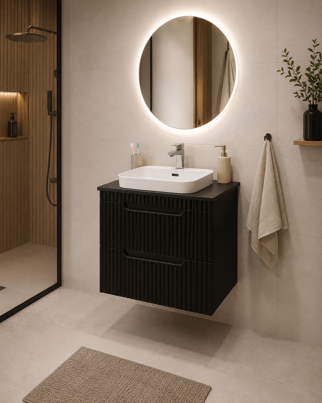 Seria 633 - Mobilier baie MDF cu Blat compozit ceramcia 60cm Negru + Lavoar Granit