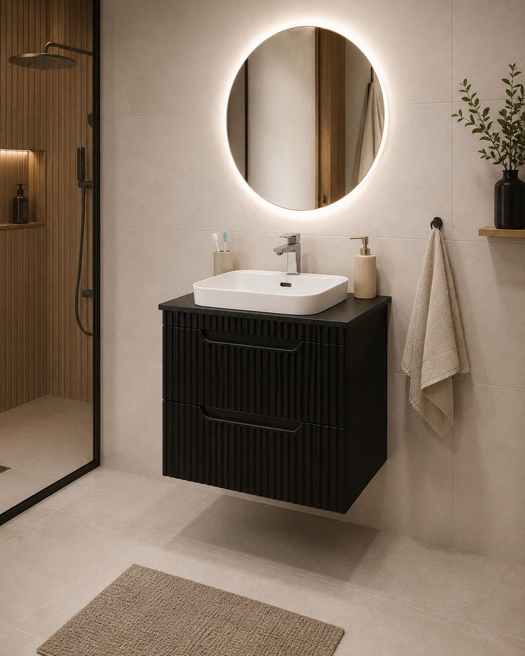 Seria 633 - Mobilier baie MDF cu Blat compozit ceramcia 60cm Negru + Lavoar Granit