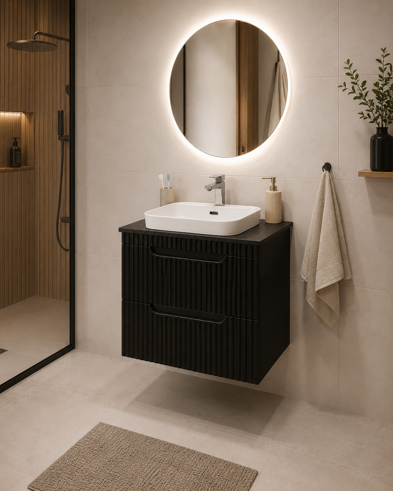 Seria 633 - Mobilier baie MDF cu Blat compozit ceramcia 60cm Negru + Lavoar Granit-1
