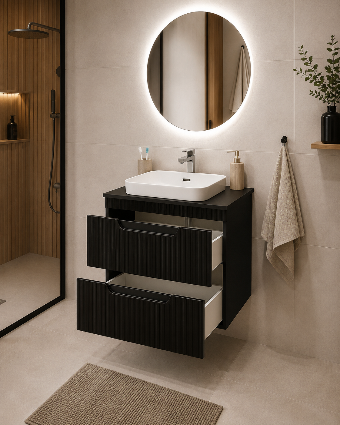 Seria 633 - Mobilier baie MDF cu Blat compozit ceramcia 60cm Negru + Lavoar Granit