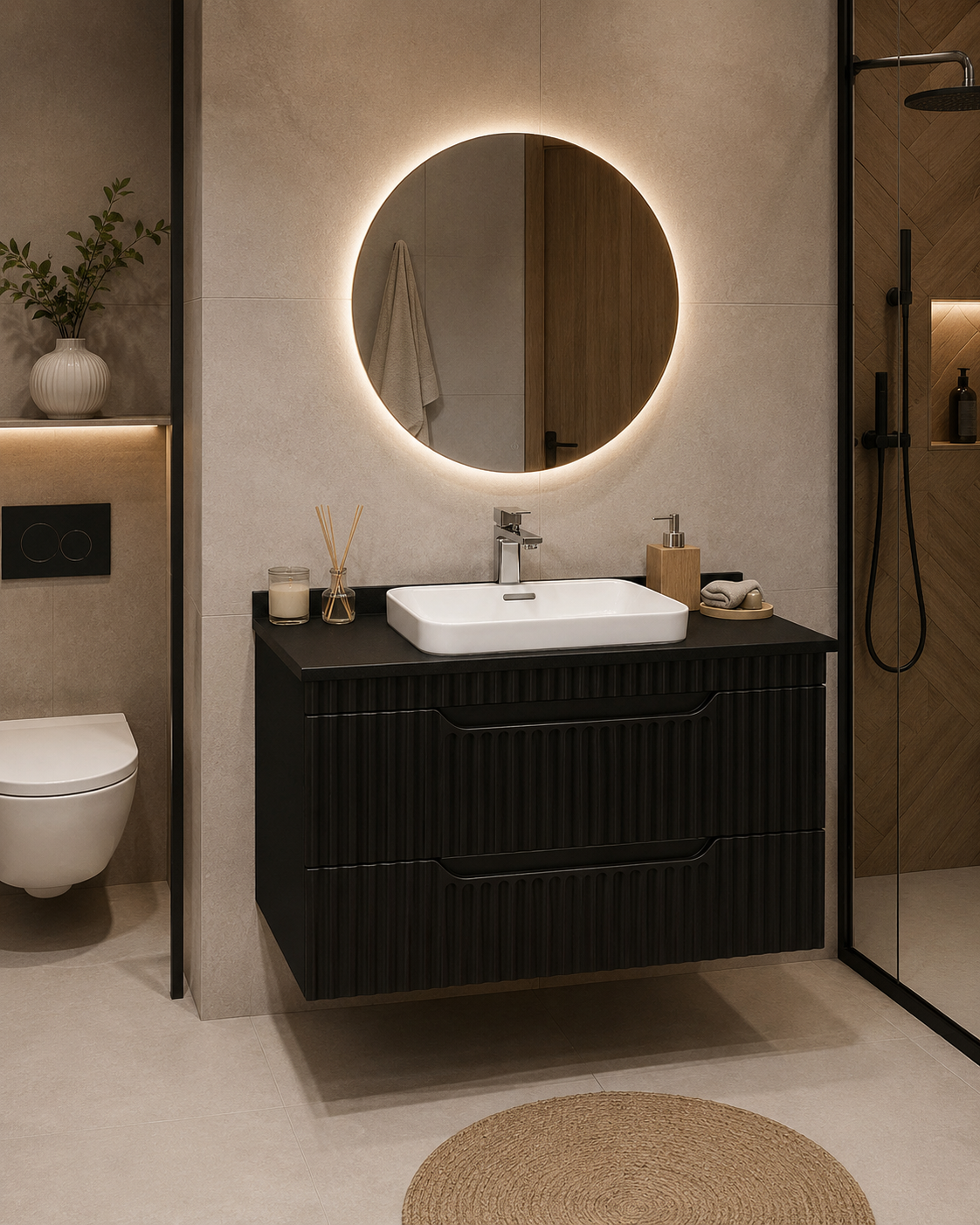 Seria 633 - Mobilier baie MDF cu blat compozit ceramica 80cm negru + Lavoar Granit