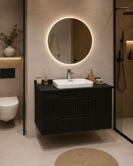 Seria 633 - Mobilier baie MDF cu blat compozit ceramica 80cm negru + Lavoar Granit