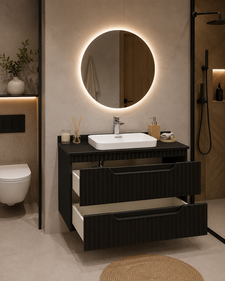 Seria 633 - Mobilier baie MDF cu blat compozit ceramica 80cm negru + Lavoar Granit
