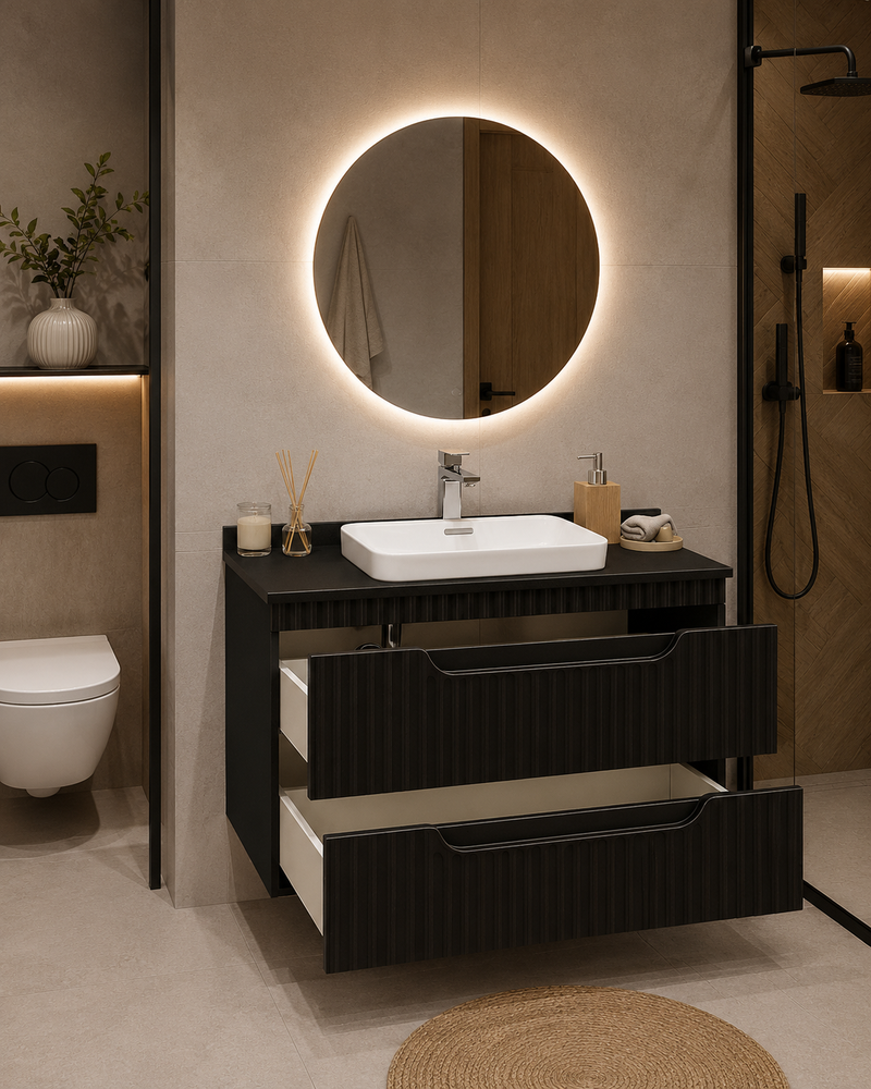 Seria 633 - Mobilier baie MDF cu blat compozit ceramica 80cm negru + Lavoar Granit-2