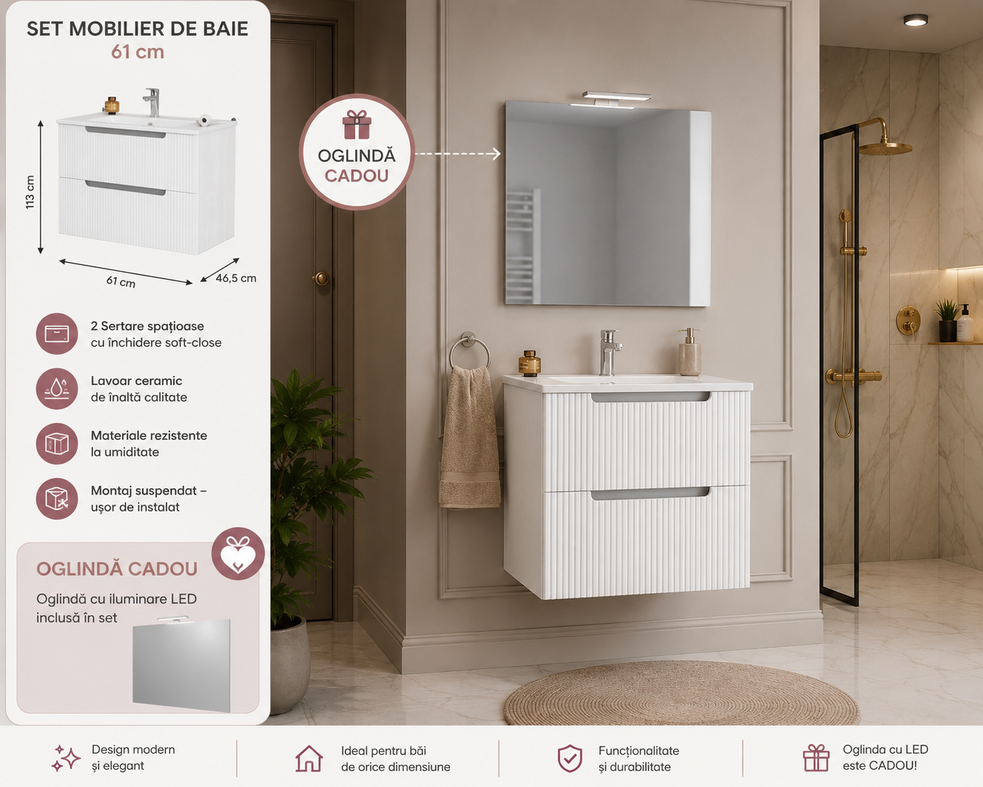 Mobilier de baie Ibiza + Oglinda cu lampa led