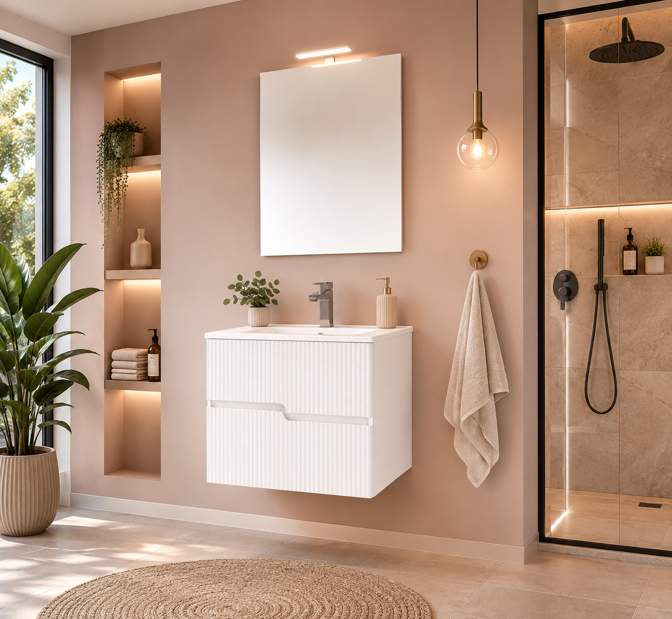 Masca baie + lavoar + oglinda + lampa Savini Rio 60, cu sertare, alb lucios, 61.5 x 53 x 46.5 cm
