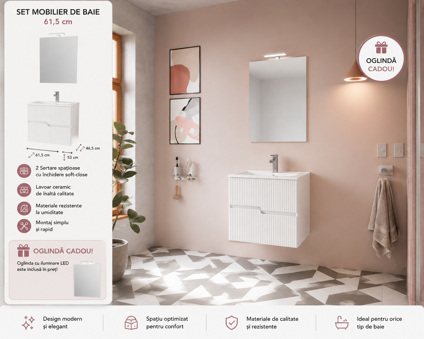 Masca baie + lavoar + oglinda + lampa Savini Rio 60, cu sertare, alb lucios, 61.5 x 53 x 46.5 cm