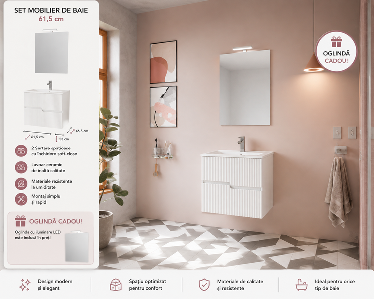 Masca baie + lavoar + oglinda + lampa Savini Rio 60, cu sertare, alb lucios, 61.5 x 53 x 46.5 cm