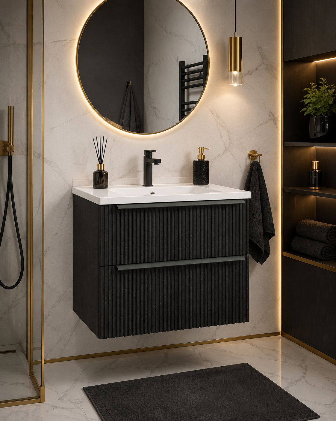 Masca baie + lavoar Savini Due Sidney 60, cu sertare, negru, suspendat, 61.5 x 46.5 x 53 cm