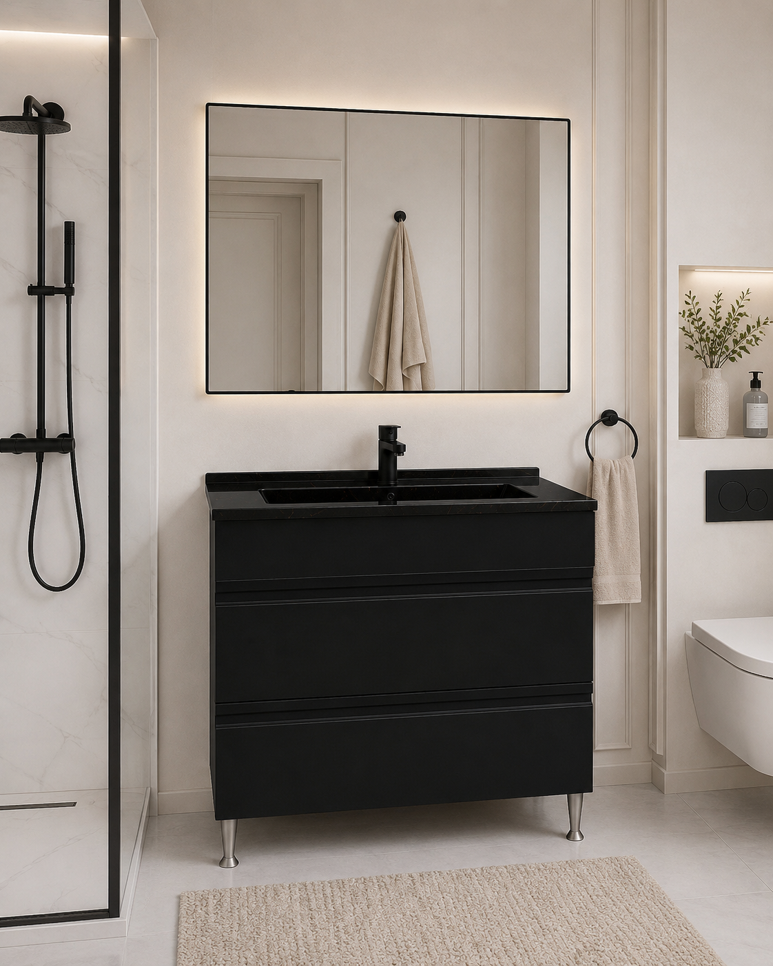 SERIA 486 - MOBILIER BAIE MDF 80CM STR NEGRU + LAVOAR GRANIT NEGRU