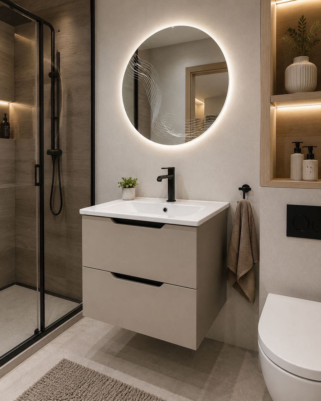 Confort Gri/Bej 60 - Mobilier Baie Suspendat 60cm + Lavoar dreptunghiular 60cm