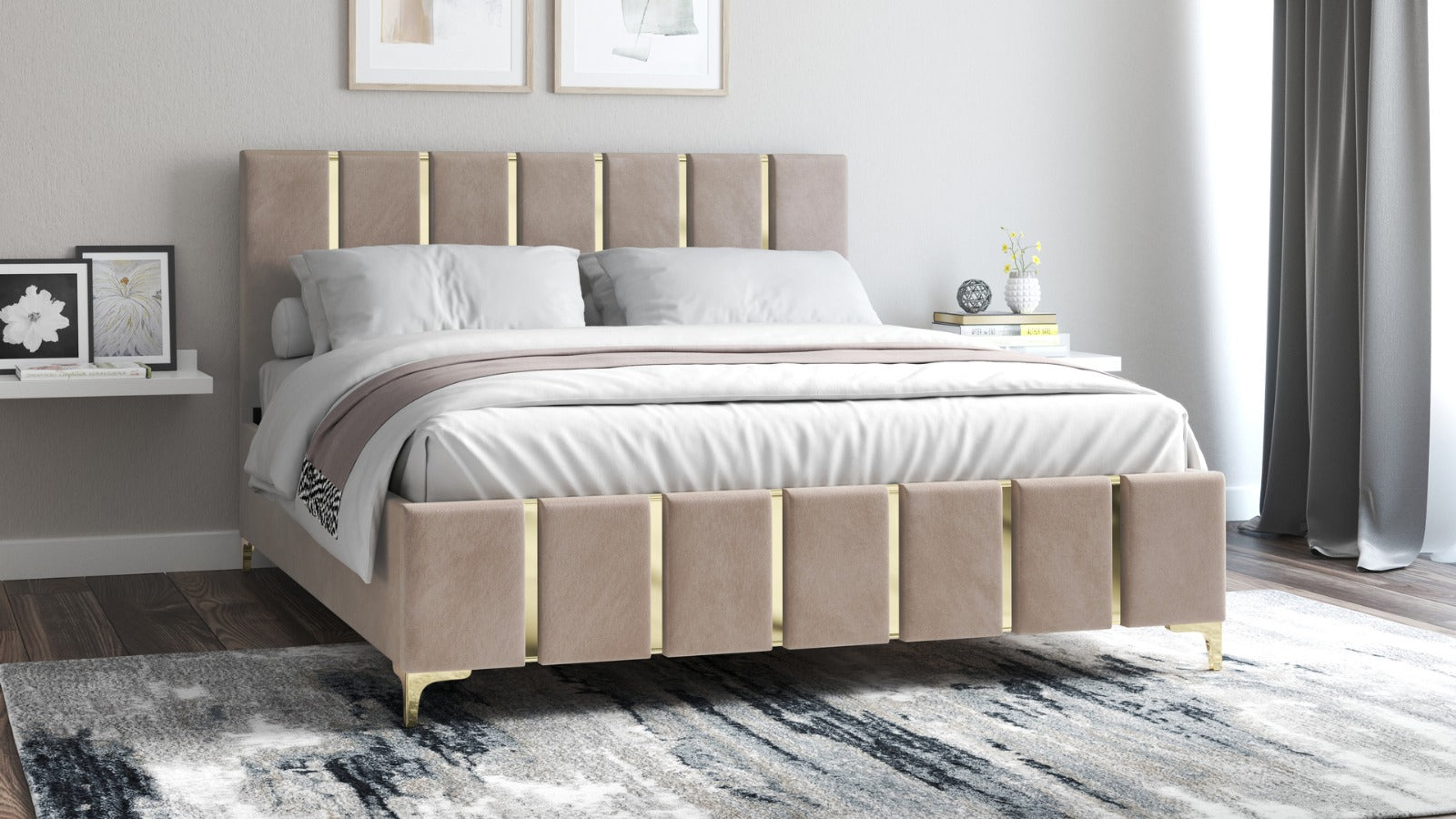 Pat Venezia, 160x200 cm, cappuccino/auriu, suport saltea din PAL