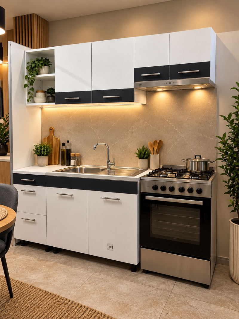 Set Bucatarie 180cm Sarona Alb/Antracit + Chiuveta inox 80x50cm + Baterie-1