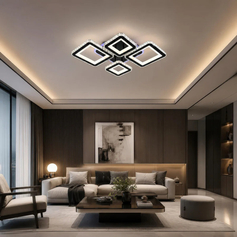 Lustra LED cu telecomanda si cristal TERRANO RGB 162W, 4 Patrate, lumina Rece/Calda/Neutra, Dimabila, Negru-1
