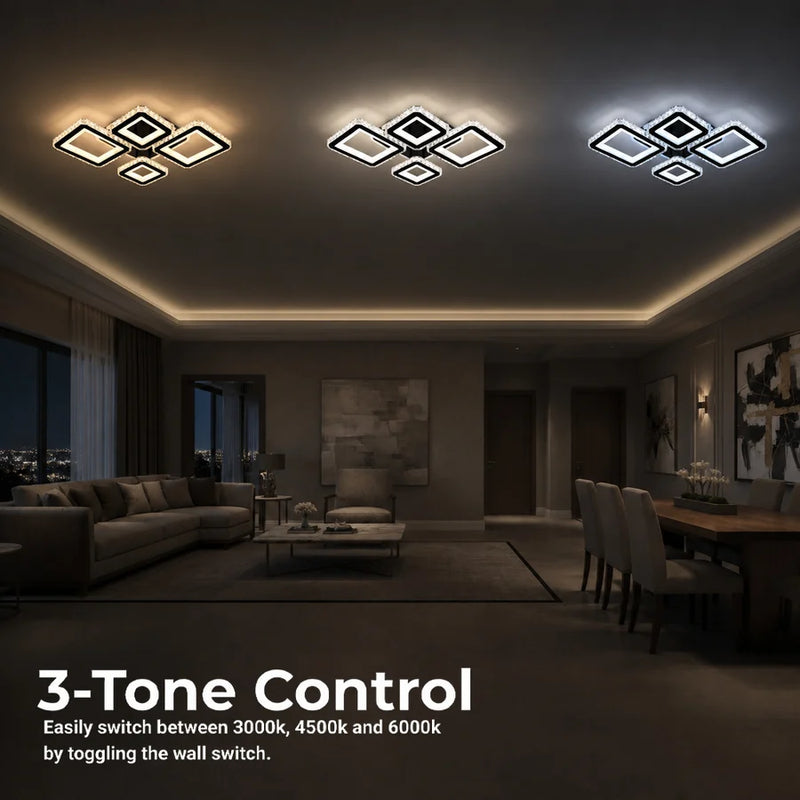 Lustra LED cu telecomanda si cristal TERRANO RGB 162W, 4 Patrate, lumina Rece/Calda/Neutra, Dimabila, Negru-2