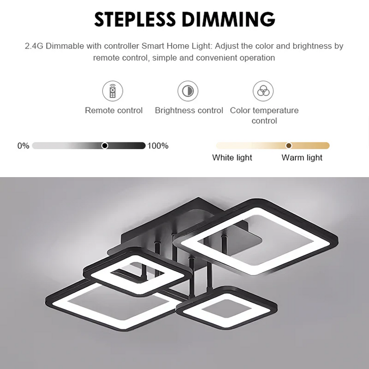 Lustra LED cu telecomanda ELLA 67W, 4 Patrate, lumina Rece/Calda/Neutra, Dimabila, Negru