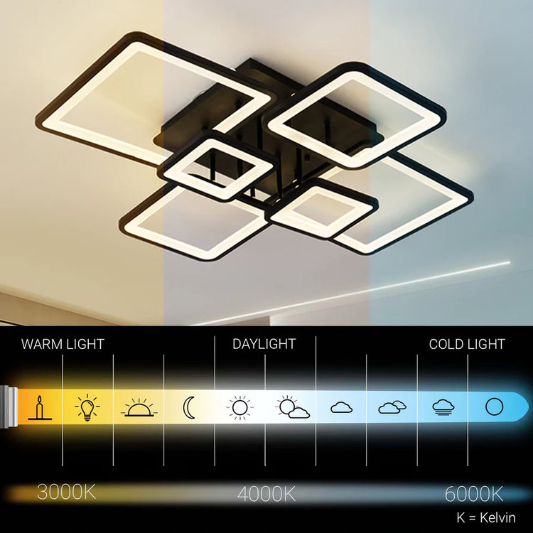 Lustra LED cu telecomanda ELLA 120W, 6 Patrate, lumina Rece/Calda/Neutra, Dimabila, Negru, Metal si Acril