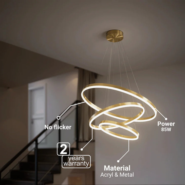 Lustra LED suspendata cu telecomanda ELIZABETH, 85W, 3 Cercuri, lumina Rece/Calda/Neutra, Dimabila, Auriu Lucios, Inaltime Reglabila