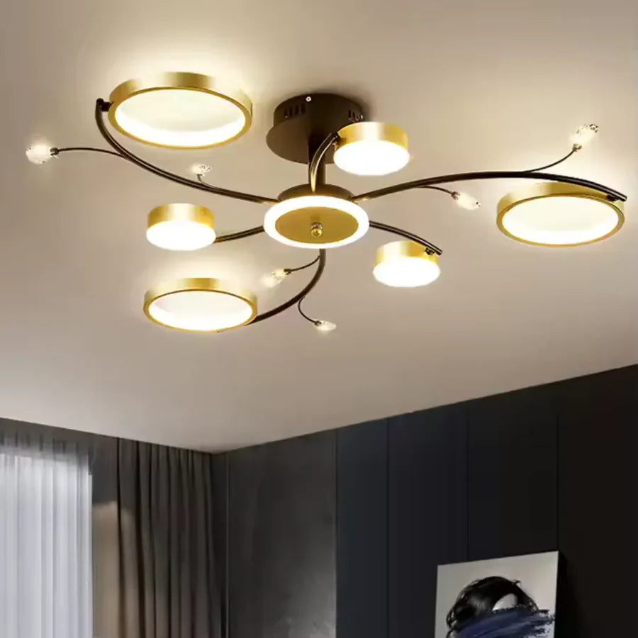 Lustra LED cu Telecomnda KARINA, 31W, 6 Elemente, Lumina Calda/Rece/Neutra, Dimabila, Auriu