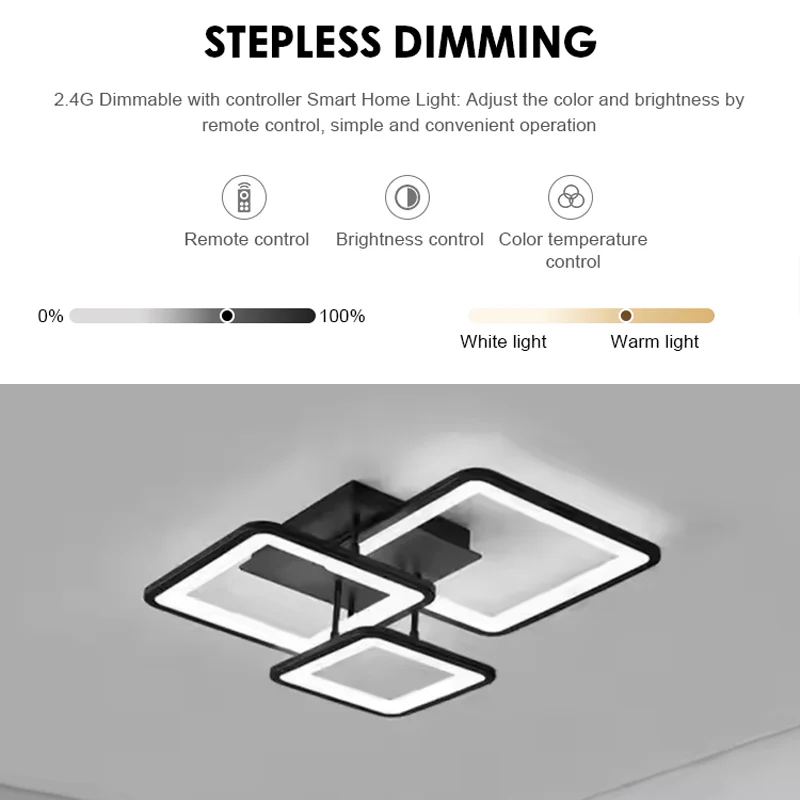 Lustra LED cu telecomanda ZOE 60W, 3 Patrate, lumina Rece/Calda/Neutra, Dimabila, Negru